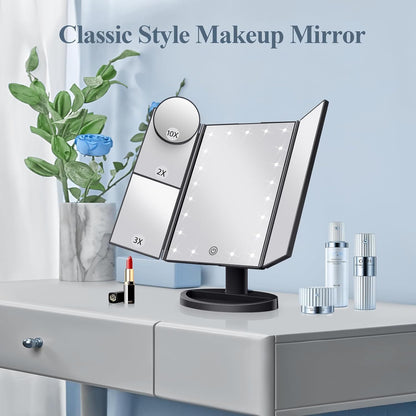 Makeup Mirror, Vanity Mirror with Lights, 2X/3X/10X Magnification, Touch Control, Trifold, Dual Power Supply, Gifts Mothers Day for Mom,Gifts for Women, Wife, Girls,Dorm Room Essentials