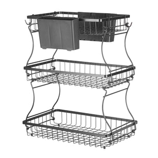 VEVOR 3 Tier Fruit Basket, Countertop Fruits Vegetable Bowl with Banana Hangers and Side Storage Basket, Metal Wire Storage Stand for Kitchen Counter, Holder Organizer for Bread Snack Veggies, Black