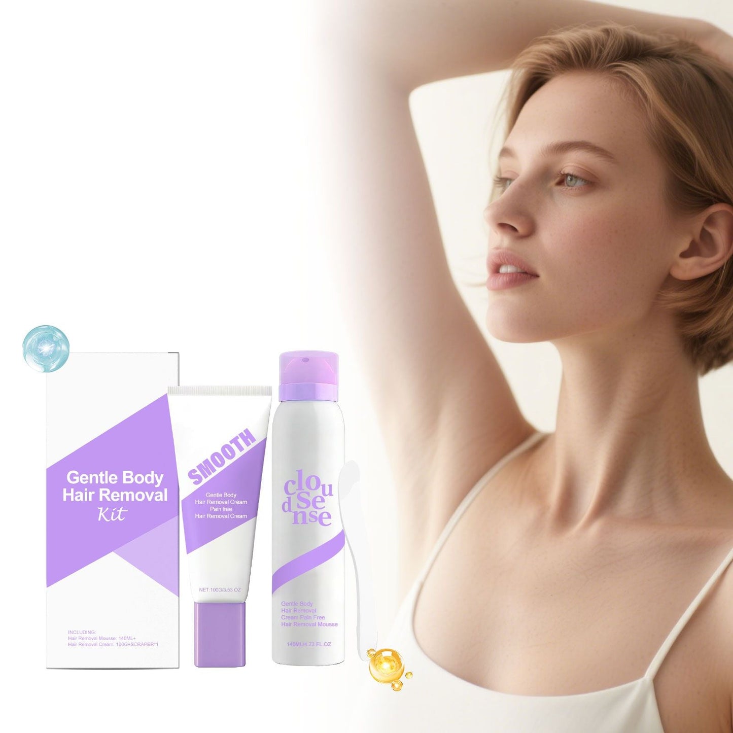 Gentle At-Home Body Hair Removal Kit, Skin Friendly Depilatory Cream & Foam Set, Painless Body Hair Remover for Arms Legs Underarms Smooth Skin Care