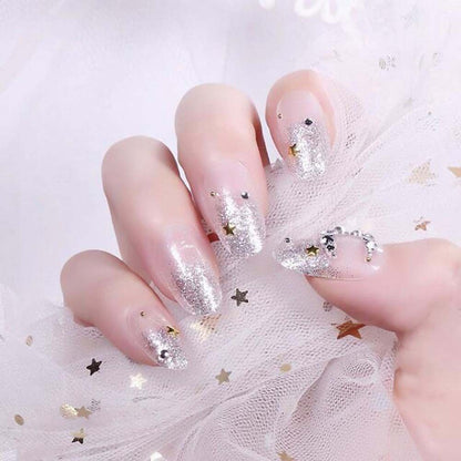 Bling Bling Beads False Fingernails Artificial False Nails Tips Wedding Nail Art; Silver Stars Fake Nails