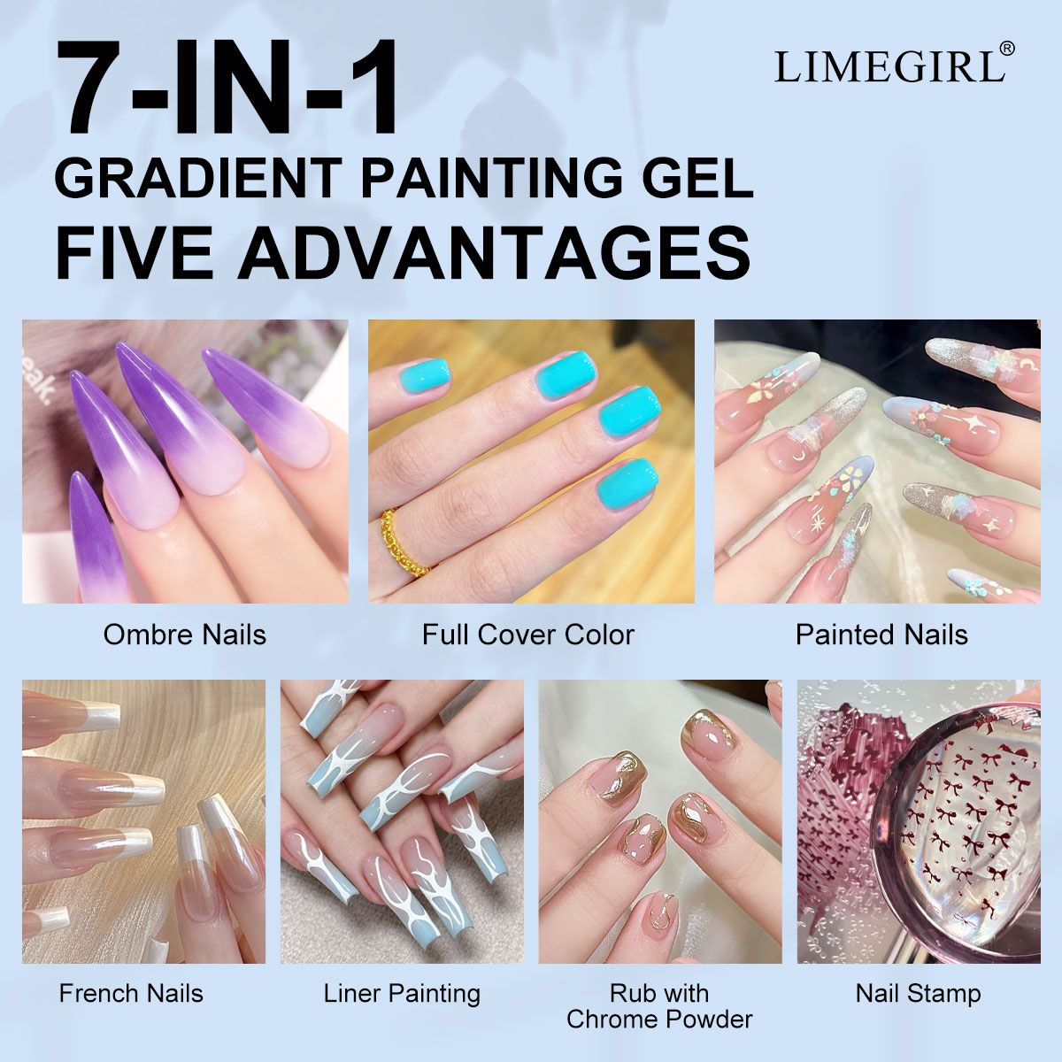 Limegirl Gradient Painting Gel, 9 Bright Colors Ombre GelNail Polish for Pigment Pat Nails Nails French ManicureSoak Off UV Set