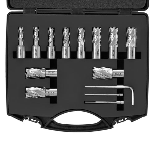 VEVOR Annular Cutter Set, 13 pcs Weldon Shank Mag Drill Bits, 7/16" to 1-1/16" Cutting Diameter, 1" Cutting Depth, M2AL HSS, 2 Pilot Pins, Hex Wrench and Portable Case, for Using with Magnetic Drills