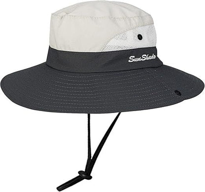 Women's Outdoor UV-Protection-Foldable Sun-Hats Mesh Wide-Brim Beach Fishing Hat with Ponytail-Hole