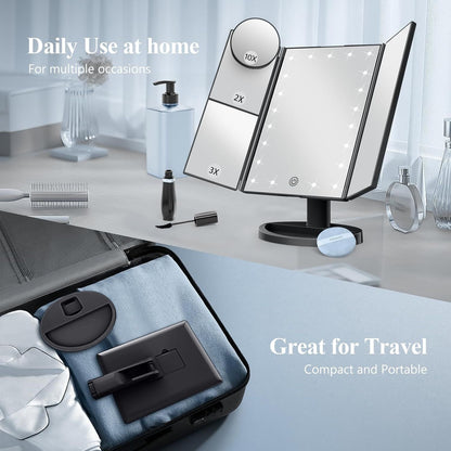 Makeup Mirror, Vanity Mirror with Lights, 2X/3X/10X Magnification, Touch Control, Trifold, Dual Power Supply, Gifts Mothers Day for Mom,Gifts for Women, Wife, Girls,Dorm Room Essentials