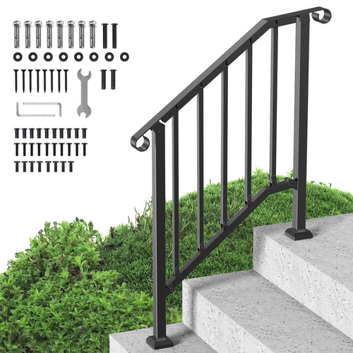 VEVOR Handrails for Outdoor Steps, 2-3 Step Stair Hand Rail Kit, Transitional Carbon Steel Railings with Installation Kit, Stair Rails for Seniors, Concrete Steps & Porch & Deck, Black Retro Arch