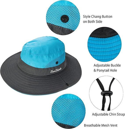 Women's Outdoor UV-Protection-Foldable Sun-Hats Mesh Wide-Brim Beach Fishing Hat with Ponytail-Hole