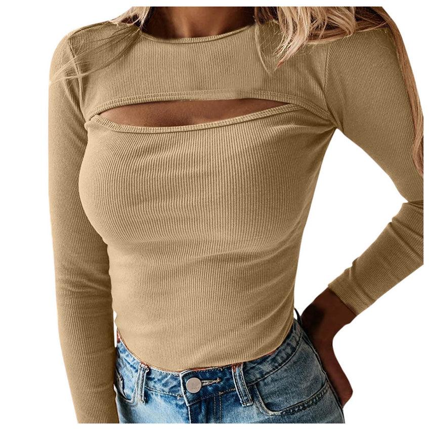 Autumn Sexy Women Blouses Chest Cutout Long-sleeved Ribbed Solid Color Tops Women Casual Tops Sexy Hollow Out Blouses