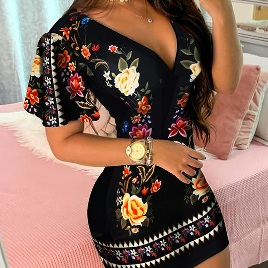 7DAY'S - Vintage Floral Print Dress, Casual V Neck Short Sleeve Bag Hip Dress, Women's Clothing