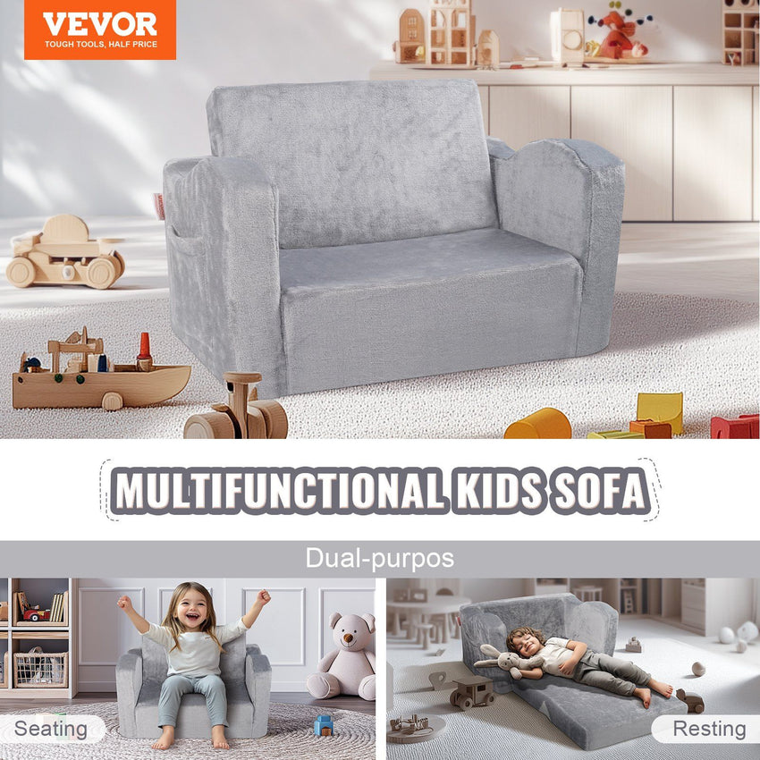 VEVOR Kids Couch, Toddler Chairs Comfy, 2-in-1 Toddler Couch Sofa Bed Fold Out, Convertible Sofa to Lounger, Kids Chair Seat Playroom Furniture for Kids Girls & Boys, Grey