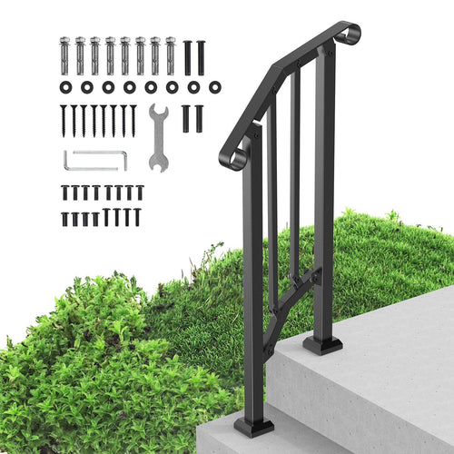 VEVOR Handrails for Outdoor Steps, 1-2 Step Stair Hand Rail Kit, Transitional Carbon Steel Railings with Installation Kit, Stair Rails for Seniors, Concrete Steps & Porch & Deck, Black Retro Arch