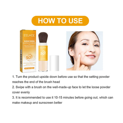 SPF50 PA++ Sunscreen Setting Powder Brush, Oil Control Matte Transparent Loose Powder, Portable Mineral Sun Protection Powder, Long Lasting Makeup Setting Powder for Face, Non-Greasy Shine Control Sun
