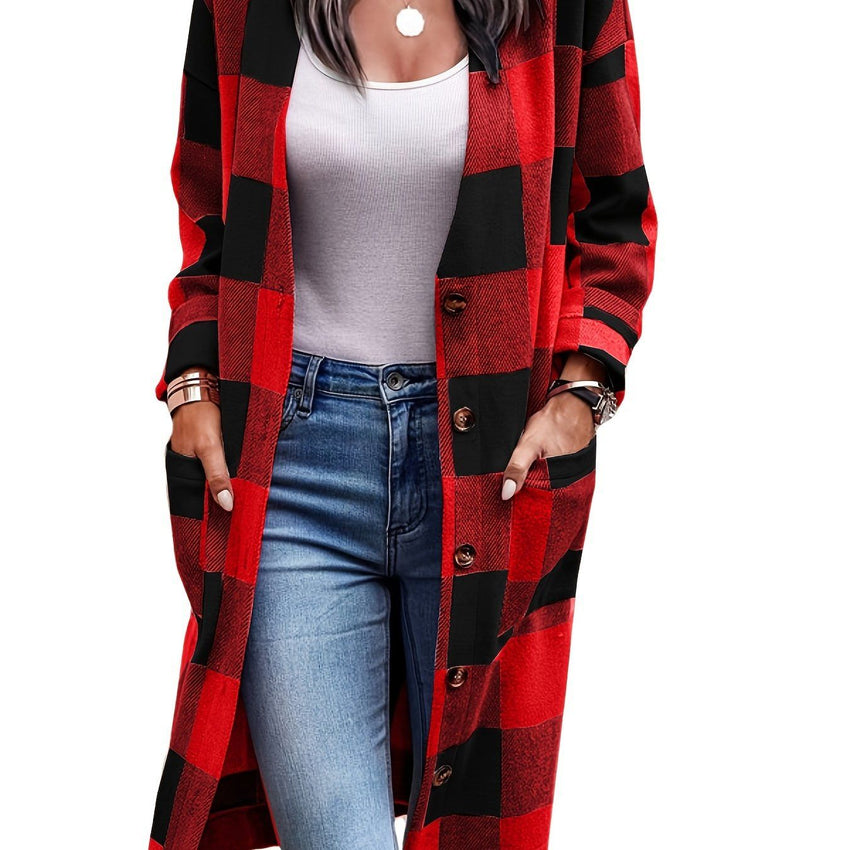 Plus Size Plaid Pattern Pockets Longline Coat; Women's Plus Long Sleeve Casual Coat - 7DAY'S