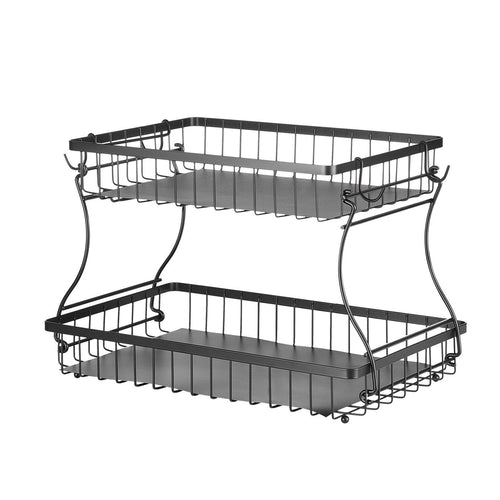 VEVOR 2 Tier Fruit Basket, Countertop Fruits Vegetable Bowl with Banana Hangers, Metal Wire Storage Stand for Kitchen Counter, Detachable Stackable Holder Organizer for Bread Snack Veggies, Black