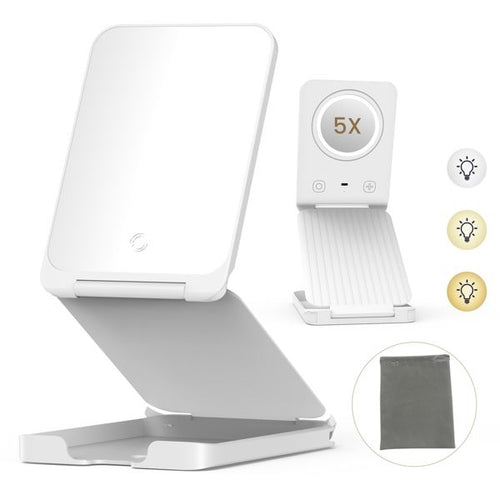 Travel Makeup Mirror with Lights, Portable 1X Vanity Mirror with 5X Lighted Magnification,72 LEDs 3 Color Lights, Rechargeable 1000mAh Battery, Freely Adjust Height and Angle( banned by Amazon)