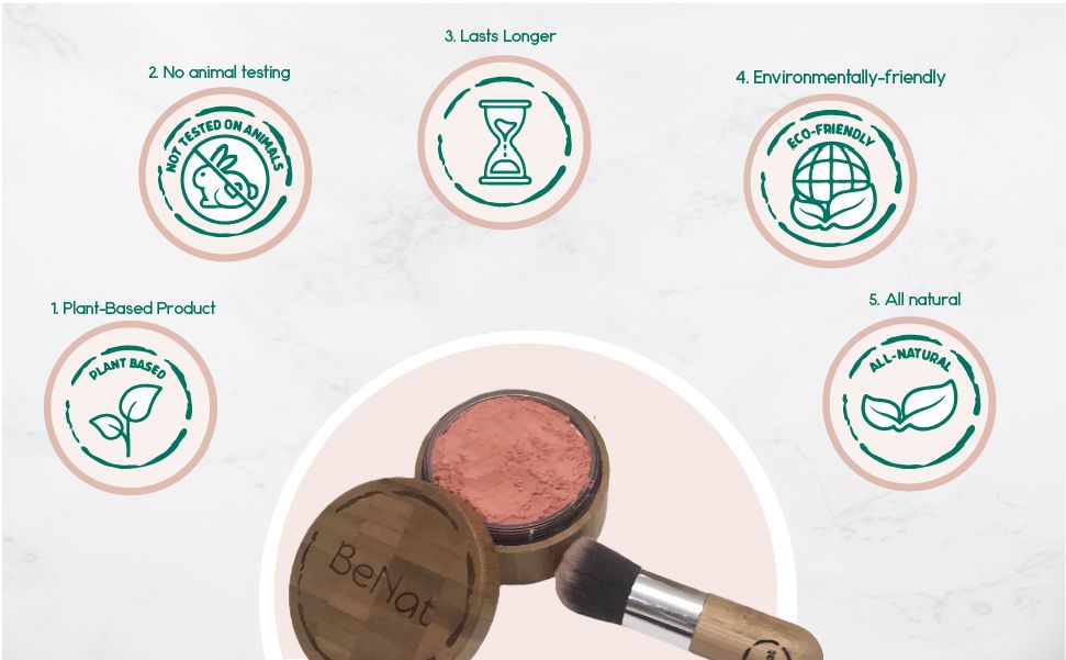 BeNat All-Natural Blush Loose Powder | Reusable Bamboo Container with Refills | Vegan & Lightweight Face Makeup