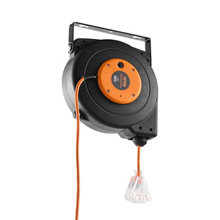 VEVOR Retractable Extension Cord Reel, 30 FT, Heavy Duty 16AWG/3C SJTOW Power Cord, with Lighted Triple Tap Outlet 10 Amp Circuit Breaker, for Ceiling or Wall Mount Garage and Shop, ETL Listed