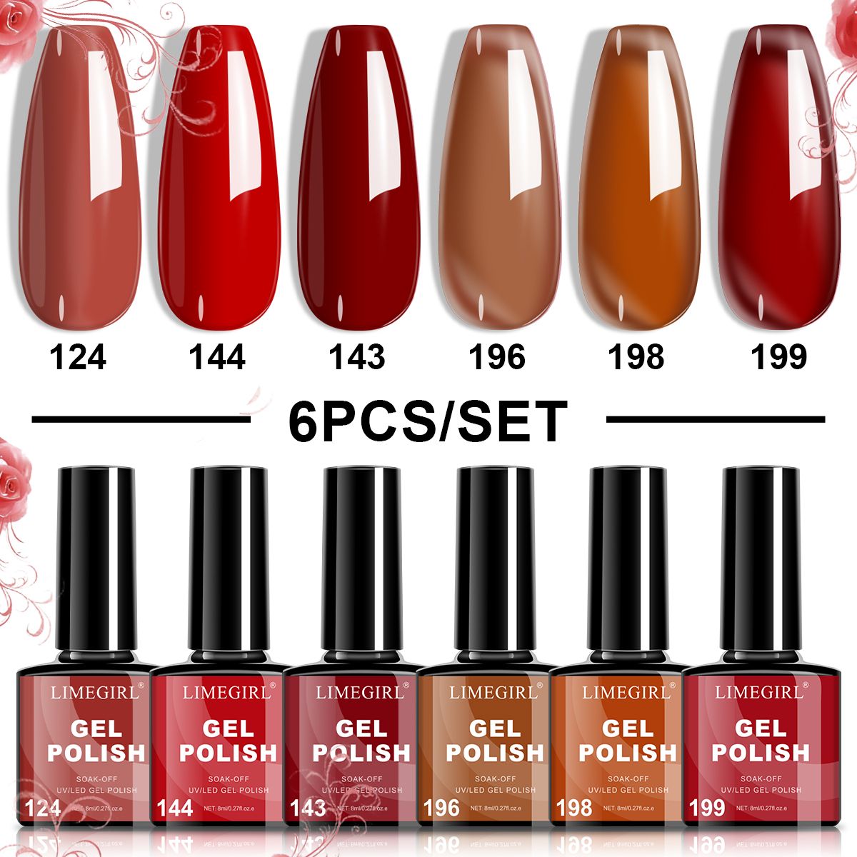 LIMEGIRL 6pcs Gel Polish Set 6 Vibrant Colors UV Gel NailPolish Red Blue Green Hema TMPTA TPO 3-free AllSeasons NailGel for Christmas Gift Women Girls