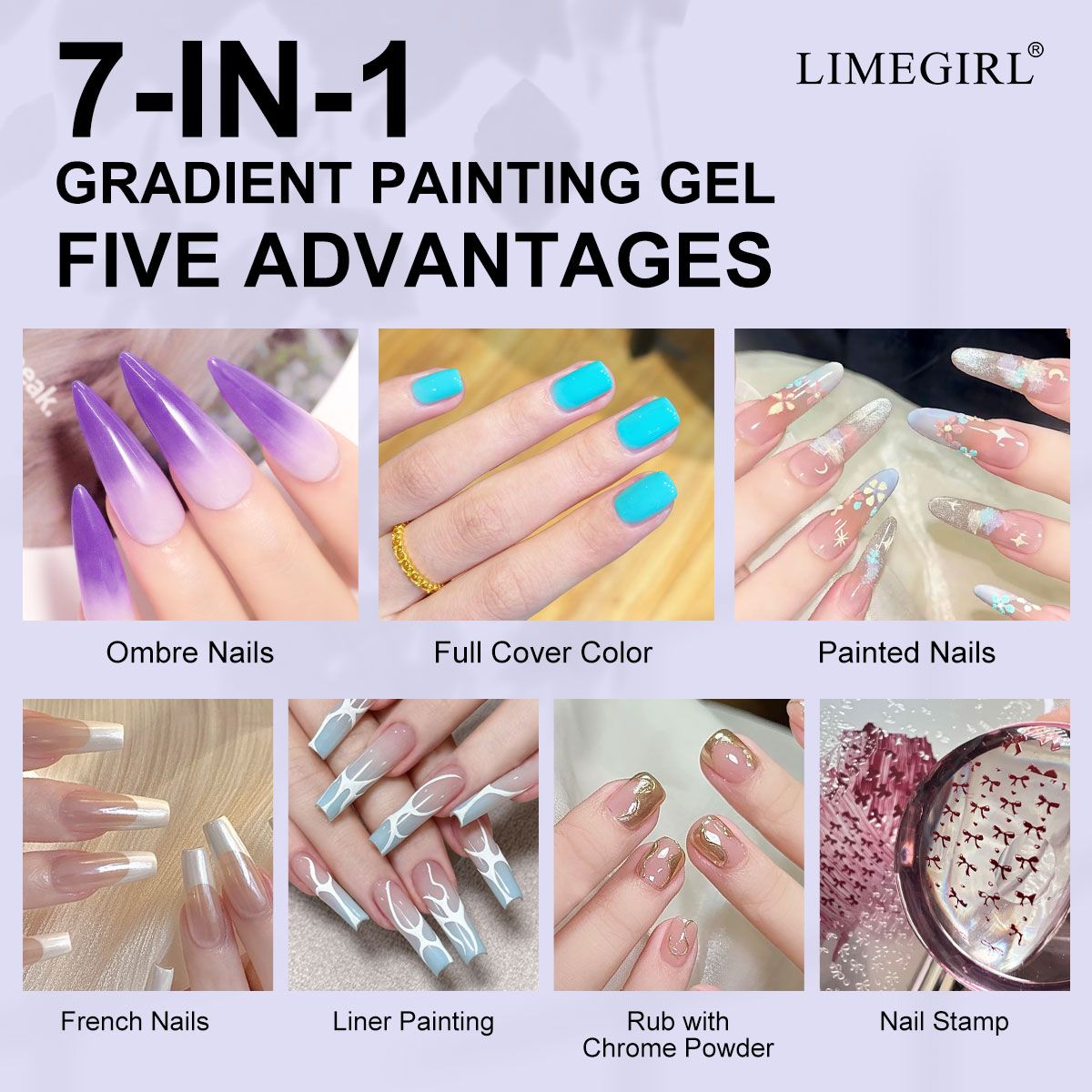 Limegirl Gradient Painting Gel, 9 Bright Colors Ombre GelNail Polish for Pigment Pat Nails Nails French ManicureSoak Off UV Set