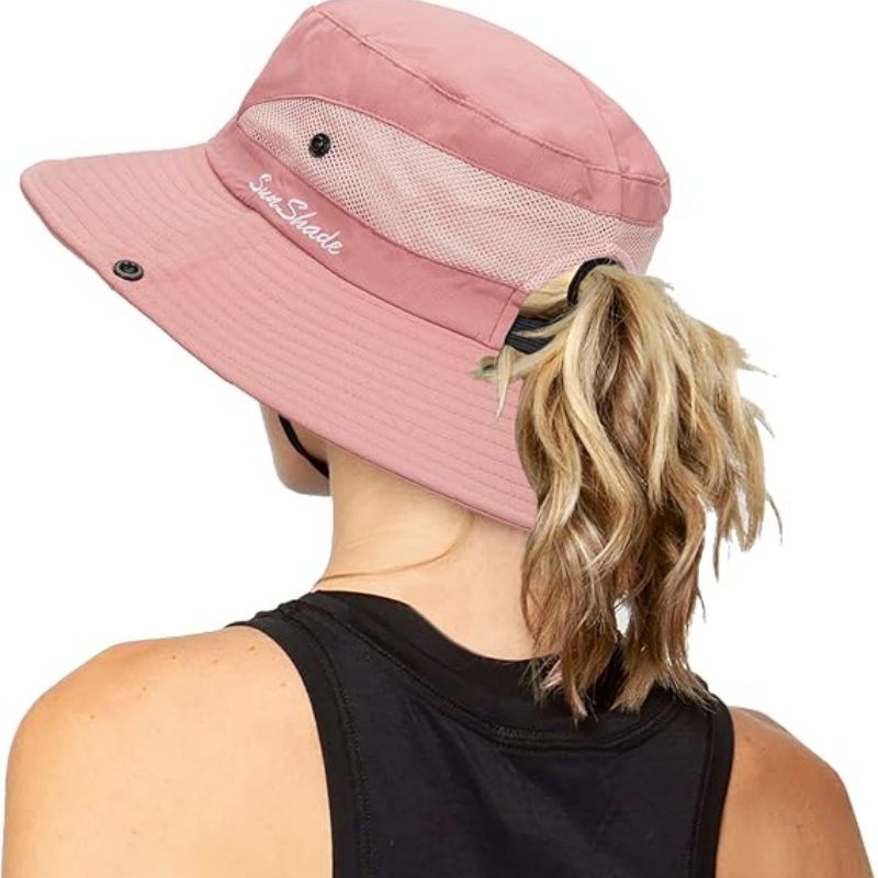 Women's Outdoor UV-Protection-Foldable Sun-Hats Mesh Wide-Brim Beach Fishing Hat with Ponytail-Hole