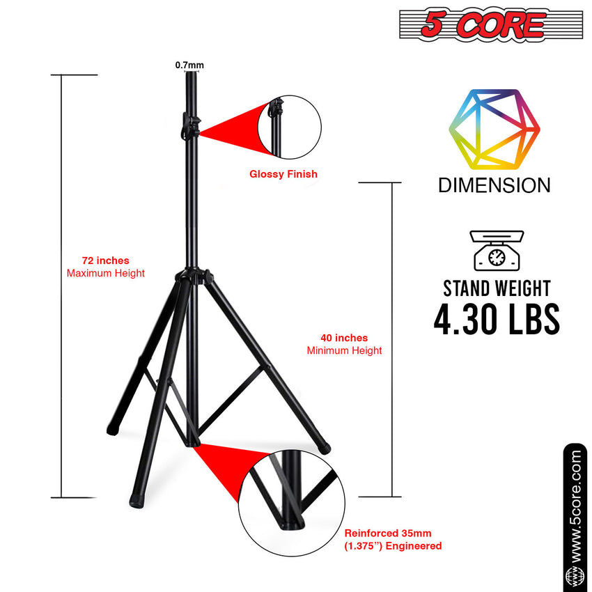 5 Core Speaker Stand Tripod Floor Tall Adjustable Up to 72 Inch DJ Studio Monitor Stands Pole Mount - SS ECO 1PK WOB - 7DAY'S