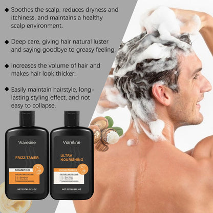 Men Curly Coily Hair Shampoo & Conditioner Set, Frizz Tamer Ultra Nourishing Hair Care Kit with Macadamia Shea Butter Coconut Oil, Deep Moisturizing Strengthen Dry Frizzy Wavy Hair, 237ml*2 Citrus Sce