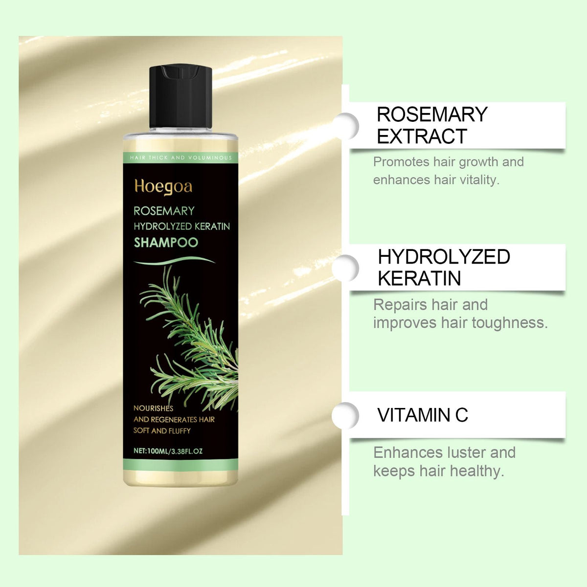 Rosemary Infused Keratin Hair Shampoo, Volumizing Nourishing Shampoo for Thin Fine Hair, Deep Cleansing Scalp Care Shampoo, Repair Dry Damaged Frizzy Hair, Add Shine & Softness 100ML