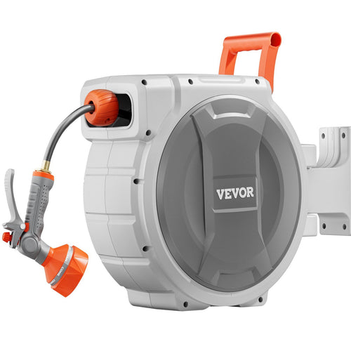 VEVOR Retractable Garden Hose Reel, 1/2 Inch x 84 ft Wall Mounted Hose Reel, Heavy Duty Garden Hose Reel with 9 Patterns Nozzle, Any Length Lock, Upgraded Slow Return System and 180°Swivel Bracket
