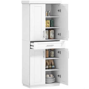 Modern Kitchen Pantry Cabinet Storage with with 4 Doors, Drawer and 3 Adjustable Shelves for Dining Room, White|