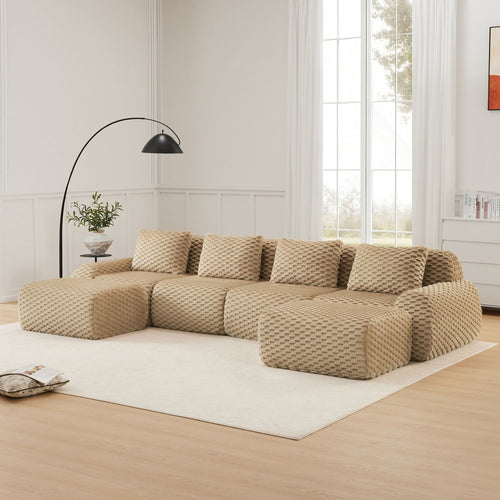 146" Modern U-Shaped Modular Sectional Sofa for Living Room,Flannelette Fabric,Oversized 4-Seater Couch,boneless sofa ,Movable Ottoman,Buckle connection,Anti-slip Design,No Assembly,Light Camel