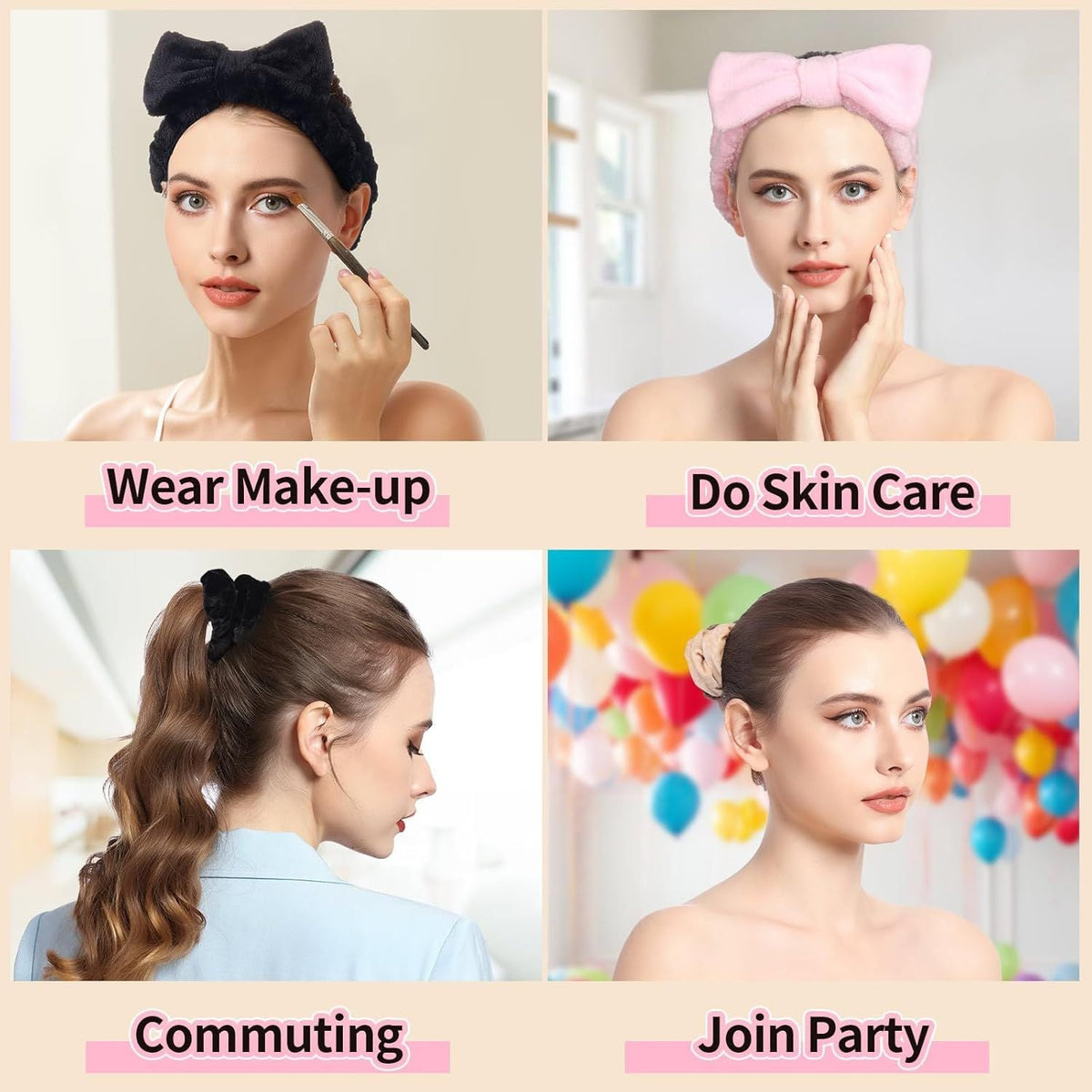 Spa Headband, 6pcs Makeup Headbands and Hair Scrunchies, Bow Skin Care Headband for Washing Face for Teen Girls Women, Easter Basket Valentines Gifts for Girls, Black & White & Gray