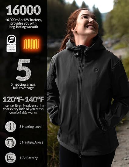 Heated Jacket for Women, ANTARCTICA GEAR Winter Coat with 12V 16000mAh Battery Pack, Soft Shell Heating Hood Jacket - 7DAY'S