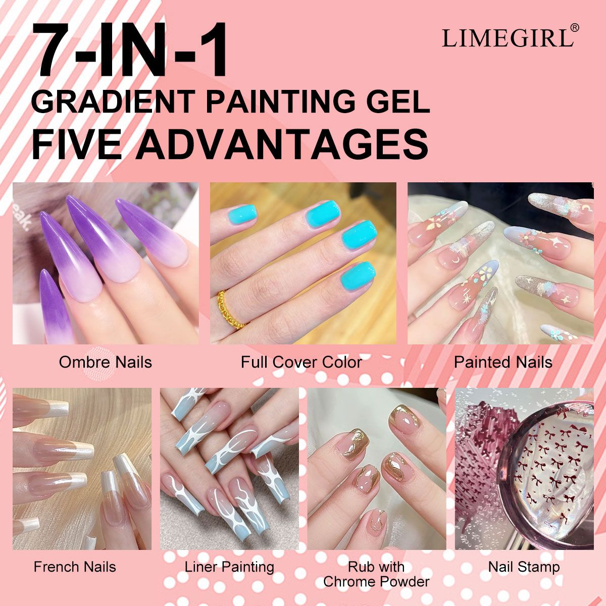 Limegirl Gradient Painting Gel, 9 Bright Colors Ombre GelNail Polish for Pigment Pat Nails Nails French ManicureSoak Off UV Set