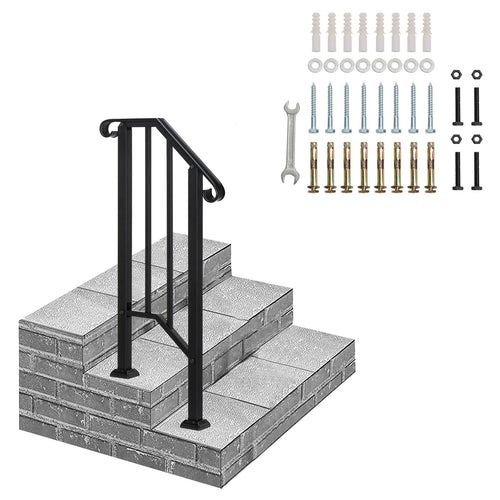 Outdoor Stair Handrail for 1 to 4 Steps Black Carbon Steel Transitional Hand Rail Kit with Installation Hardware Safety Railing for Porch Deck Patio Concrete Stairs Seniors Entryway Step Support