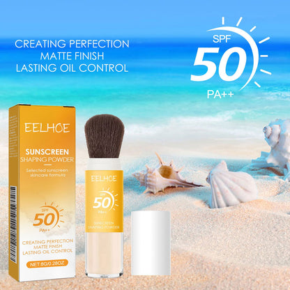 SPF50 PA++ Sunscreen Setting Powder Brush, Oil Control Matte Transparent Loose Powder, Portable Mineral Sun Protection Powder, Long Lasting Makeup Setting Powder for Face, Non-Greasy Shine Control Sun