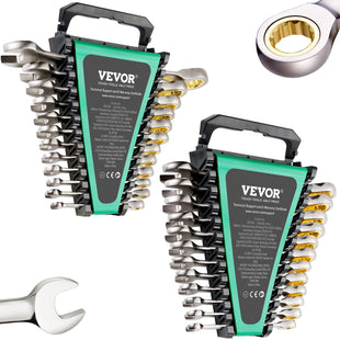 VEVOR Combination Wrench Set, 24-Piece Ratcheting Wrench Set with Organizer Rack, Cr-V Steel Wrench Set SAE 1/4" to 7/8", Metric 8 mm to 19 mm, Ideal for General Household, Auto Repairs, Emergency