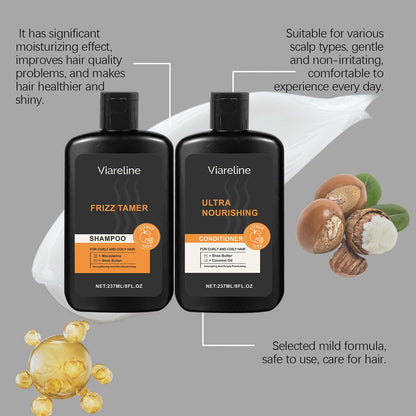 Men Curly Coily Hair Shampoo & Conditioner Set, Frizz Tamer Ultra Nourishing Hair Care Kit with Macadamia Shea Butter Coconut Oil, Deep Moisturizing Strengthen Dry Frizzy Wavy Hair, 237ml*2 Citrus Sce