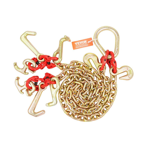 VEVOR G80 V Bridle Chain, 5/16" x 3' Towing Chain Bridle with R Hooks, T Hooks, J Hooks and Grab Hooks, Transport Tow Chain Bridle with 10800 lbs Safe Working Load for Flatbed Truck Wrecker Recovery