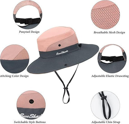 Women's Outdoor UV-Protection-Foldable Sun-Hats Mesh Wide-Brim Beach Fishing Hat with Ponytail-Hole