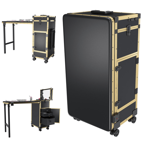 Portable Nail Art Table w/ LED Mirror, Bluetooth, Lockable Drawers, Telescopic Pole - Folding Manicure Station for Salons (black&gold)