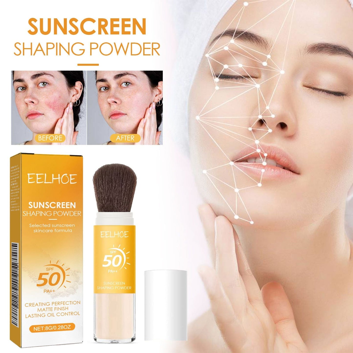 SPF50 PA++ Sunscreen Setting Powder Brush, Oil Control Matte Transparent Loose Powder, Portable Mineral Sun Protection Powder, Long Lasting Makeup Setting Powder for Face, Non-Greasy Shine Control Sun