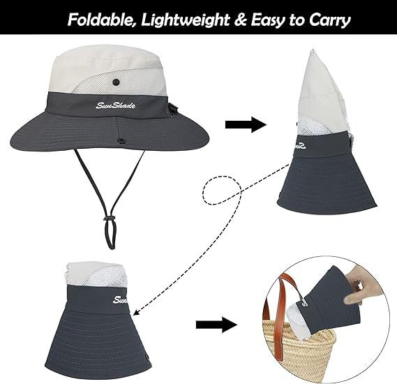 Women's Outdoor UV-Protection-Foldable Sun-Hats Mesh Wide-Brim Beach Fishing Hat with Ponytail-Hole