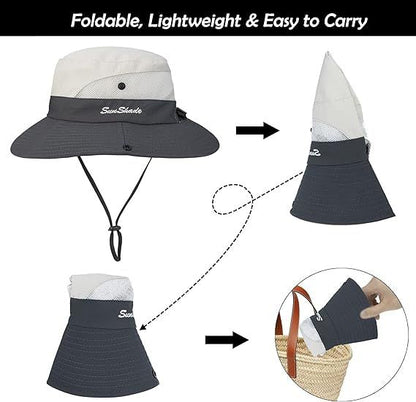 Women's Outdoor UV-Protection-Foldable Sun-Hats Mesh Wide-Brim Beach Fishing Hat with Ponytail-Hole