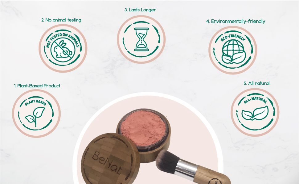 BeNat Natural Blush Loose Powder Set with Reusable Bamboo Jar, Eco-Friendly Kraft Refill Bag and Kabuki Brush - Vegan Makeup for All Skin Types