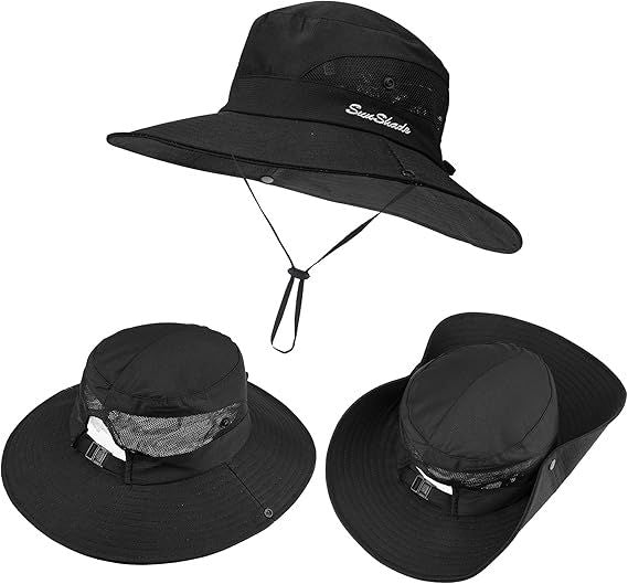 Women's Outdoor UV-Protection-Foldable Sun-Hats Mesh Wide-Brim Beach Fishing Hat with Ponytail-Hole