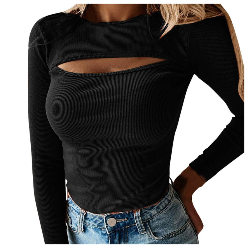 Autumn Sexy Women Blouses Chest Cutout Long-sleeved Ribbed Solid Color Tops Women Casual Tops Sexy Hollow Out Blouses