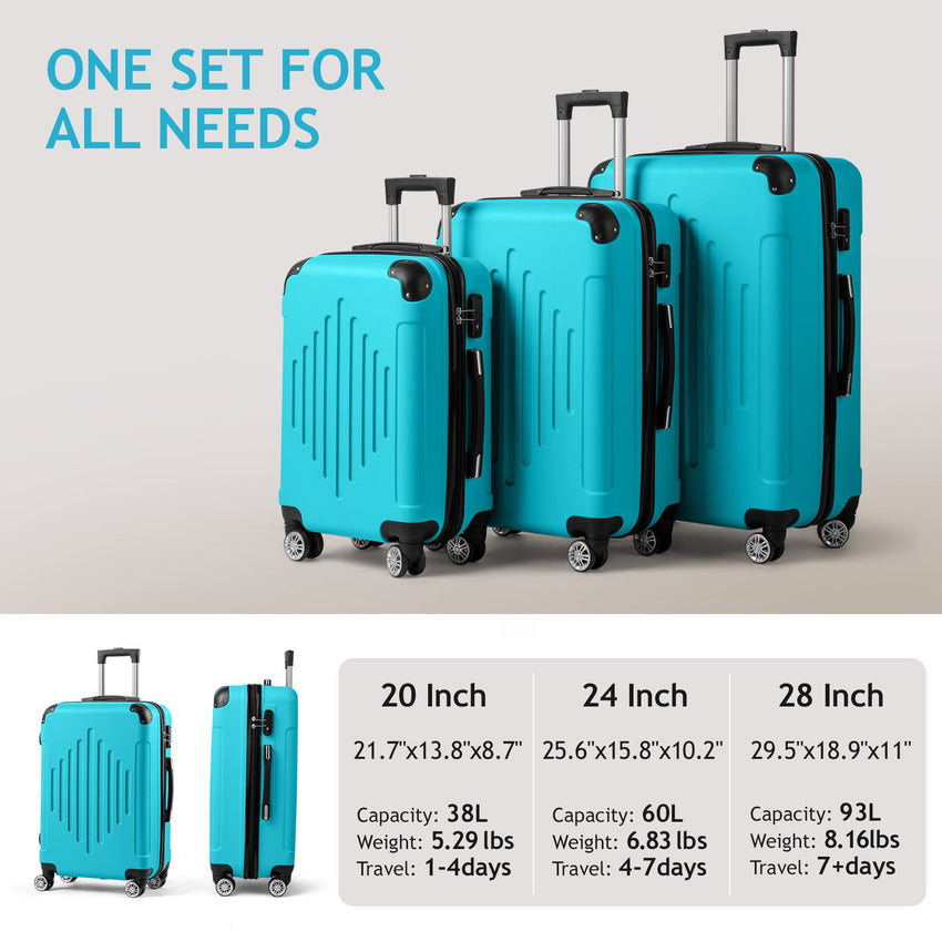 7DAY'S Trolley 3 - Piece Suitcase Set, Carry - On Suitcase Set Hard Shell Lightweight Spinner with TSA Lock, Purple, Green, Yellow, Blue - 7DAY'S