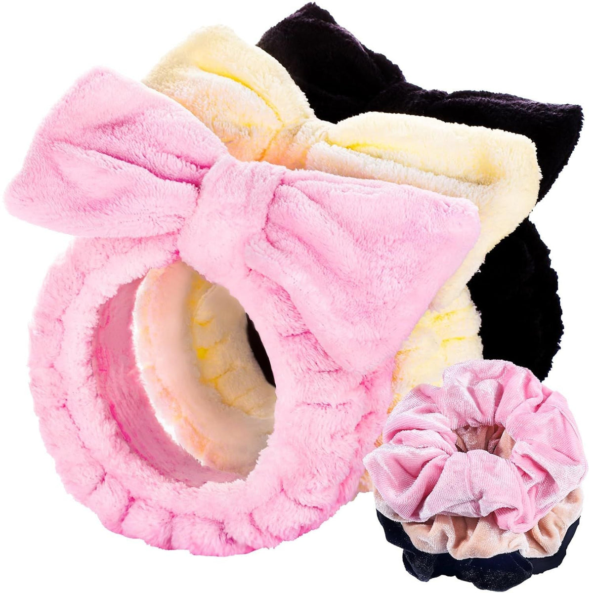 Spa Headband, 6pcs Makeup Headbands and Hair Scrunchies, Bow Skin Care Headband for Washing Face for Teen Girls Women, Easter Basket Valentines Gifts for Girls, Black & White & Gray