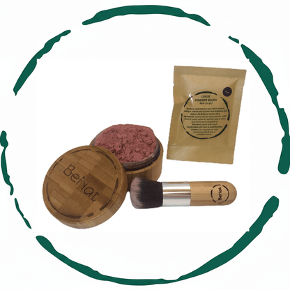 BeNat Natural Blush Loose Powder Set with Reusable Bamboo Jar, Eco-Friendly Kraft Refill Bag and Kabuki Brush - Vegan Makeup for All Skin Types