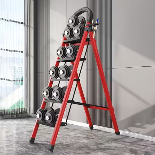 5 Step Ladder with Anti-Slip Pedals, Foldable Steel Step Stool with Tool Tray, 300LBS Capacity Portable Ladder for Home, Kitchen, Library, Office