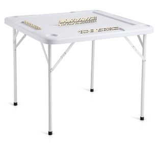 VEVOR Mahjong Table, Square 4 Player Folding Card Table with 4 Cup Holders & 4 Chip Trays, Portable Domino Game Table with 1 Set of Dominoes for Mahjong Poker Puzzles, 35.4 x 35.4-inch, White
